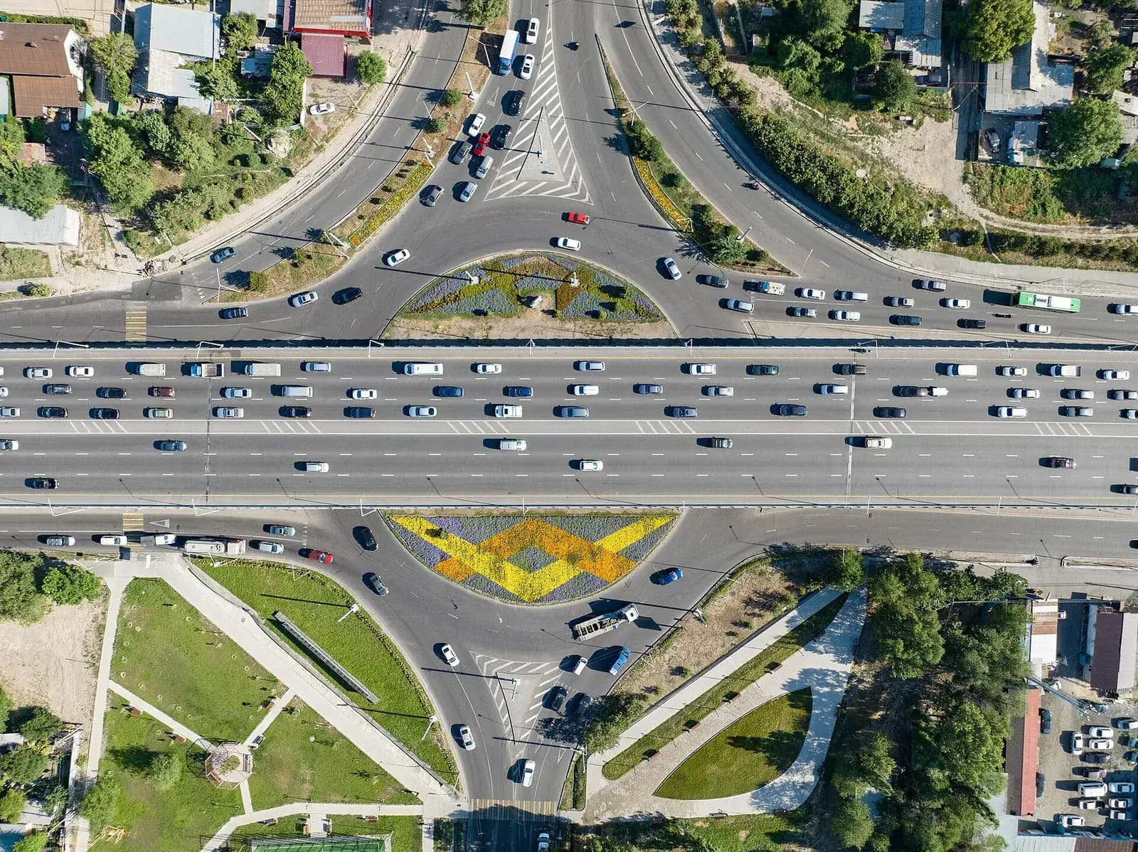 Aerial view of a busy road junction in Almaty, Kazakhstan