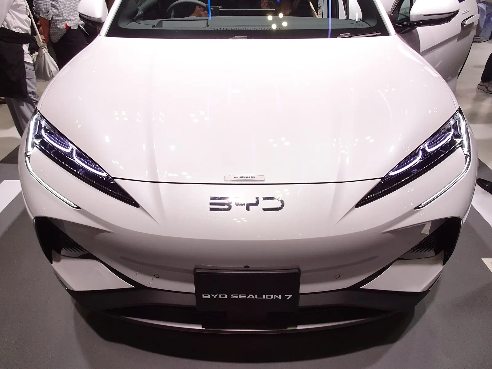 Head-on view of the Sealion 7 nose with LED headlights and the BYD logo