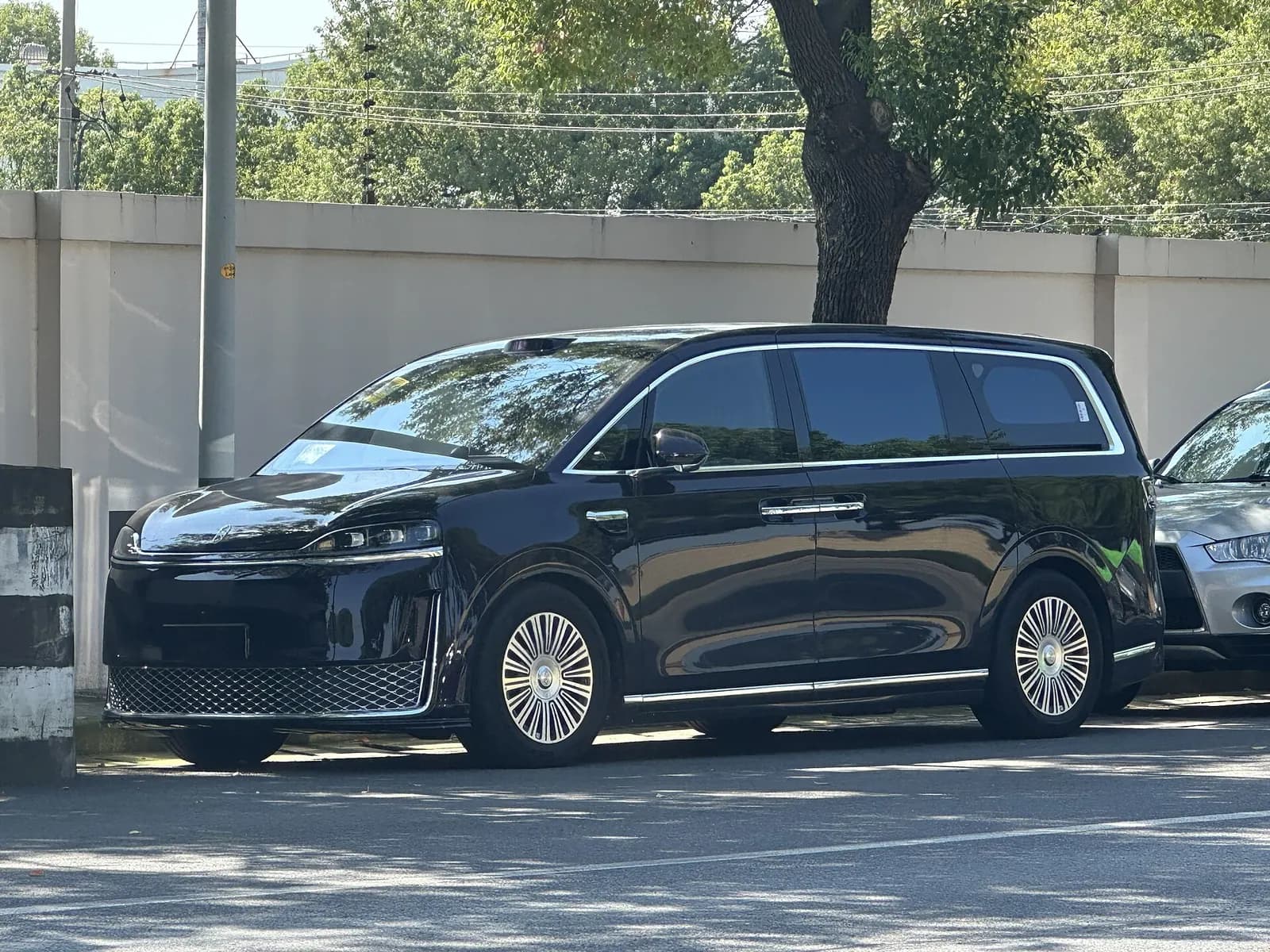 منظر جانبي لسيارة Luxeed V9 سوداء متعددة الأغراض متوقفة في شارع